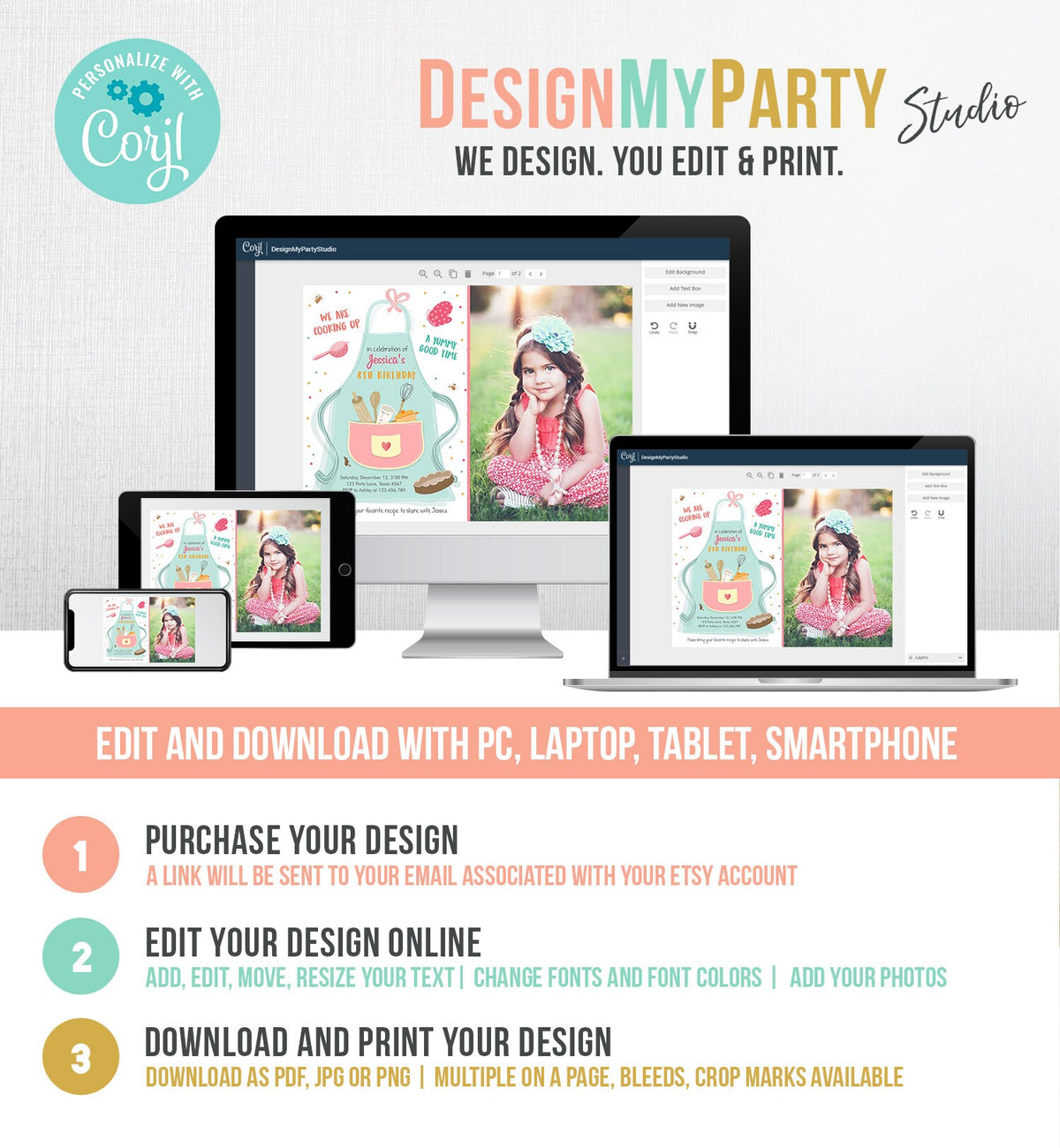 Editable Kids Kitchen Cooking Birthday Invitation Pink Girl Chef Baking Party Cakes Pies Cupcakes Digital Download Template Printable 0219