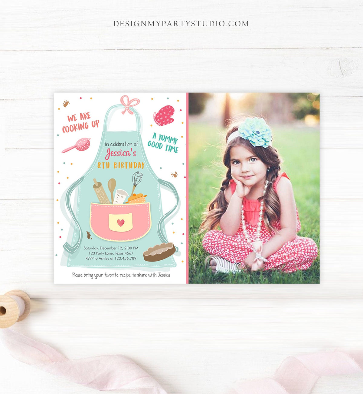 Editable Kids Kitchen Cooking Birthday Invitation Pink Girl Chef Baking Party Cakes Pies Cupcakes Digital Download Template Printable 0219