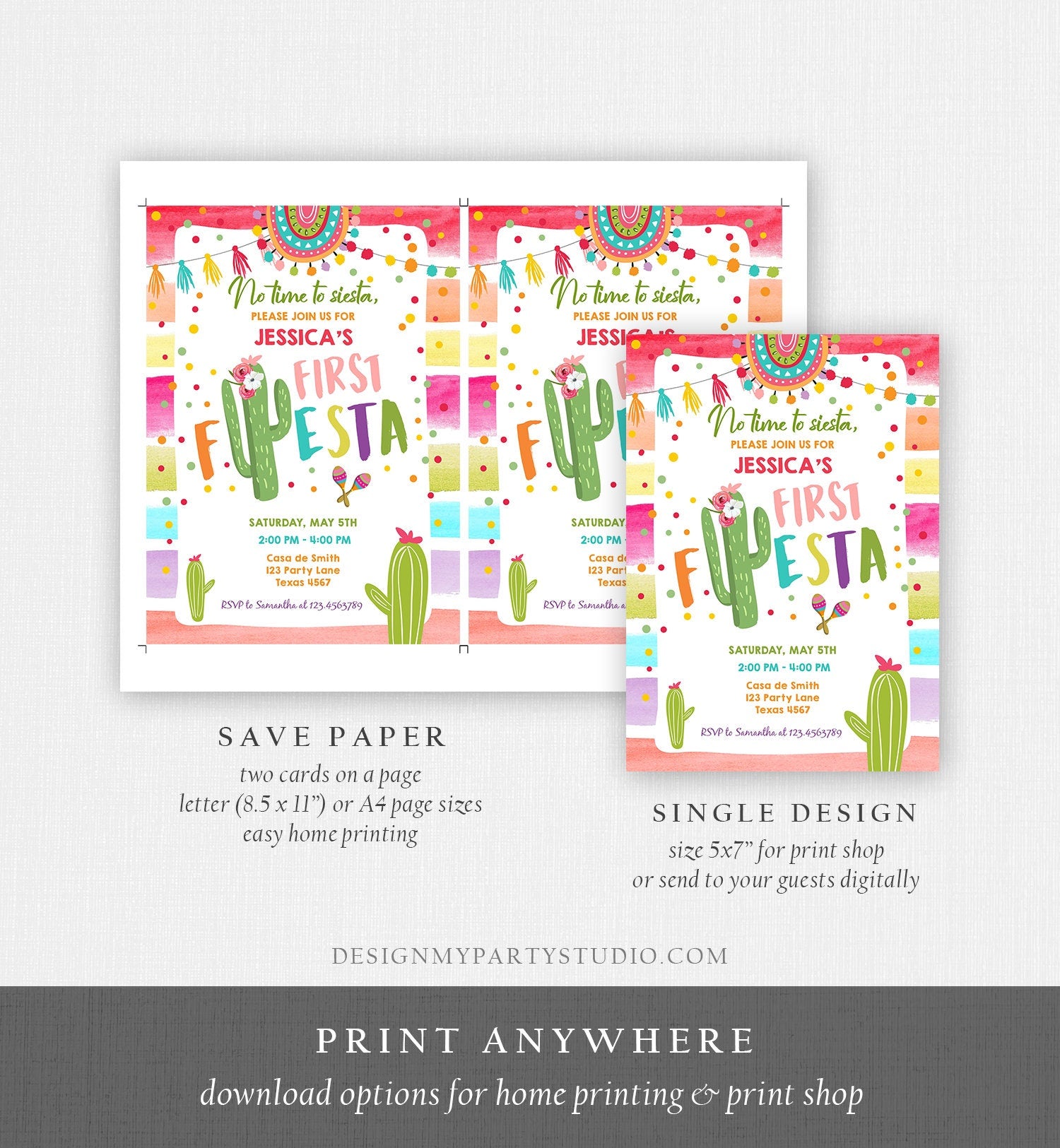 Editable Fiesta Birthday Invitation Cactus Succulent First Birthday Party Girl ANY AGE Mexican Digtal Download Evite Template Printable 0134