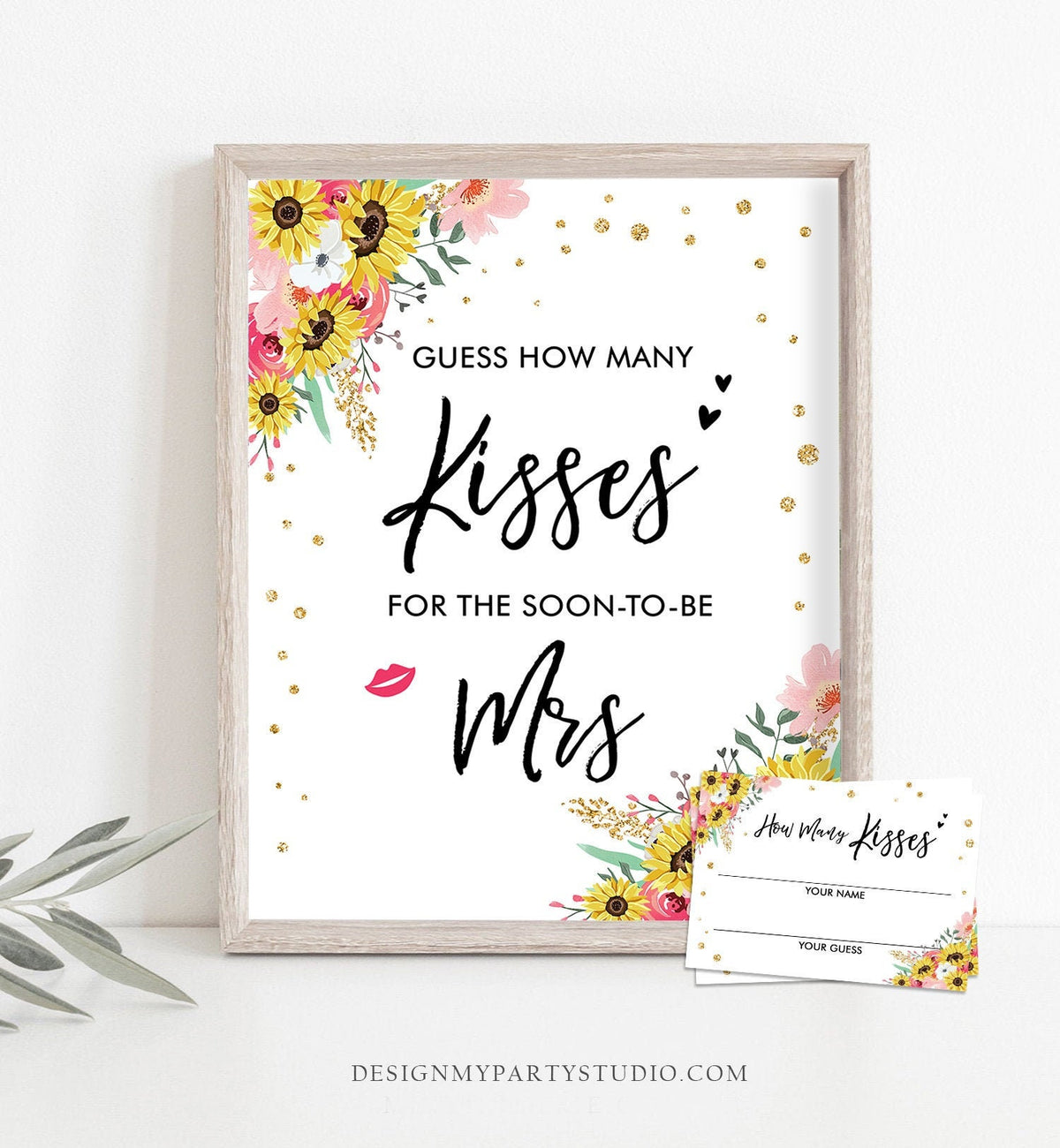 Guess How Many Kisses Bridal Shower Game Wedding Shower Activity Sunflower Floral Pink Gold Are in The Jar Game Download PRINTABLE 0030