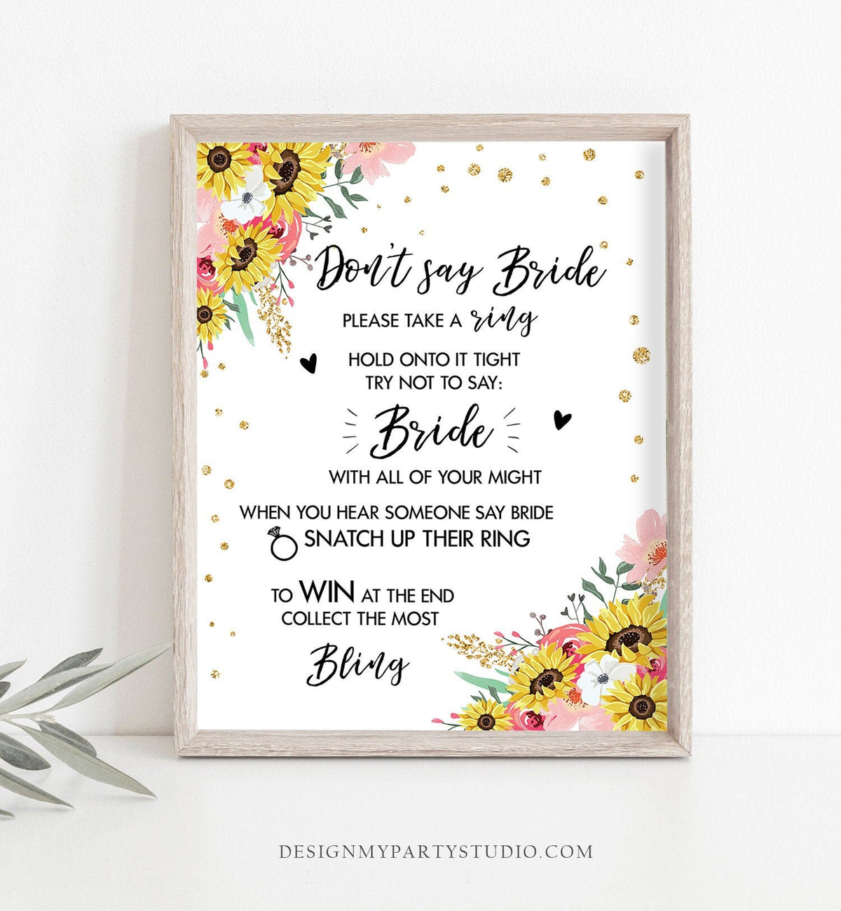 Don&#39;t Say Bride Bridal Shower Game Travel Adventure Take a Ring Sunflowers Pink Floral Flowers Greenery Instant Download PRINTABLE 0030