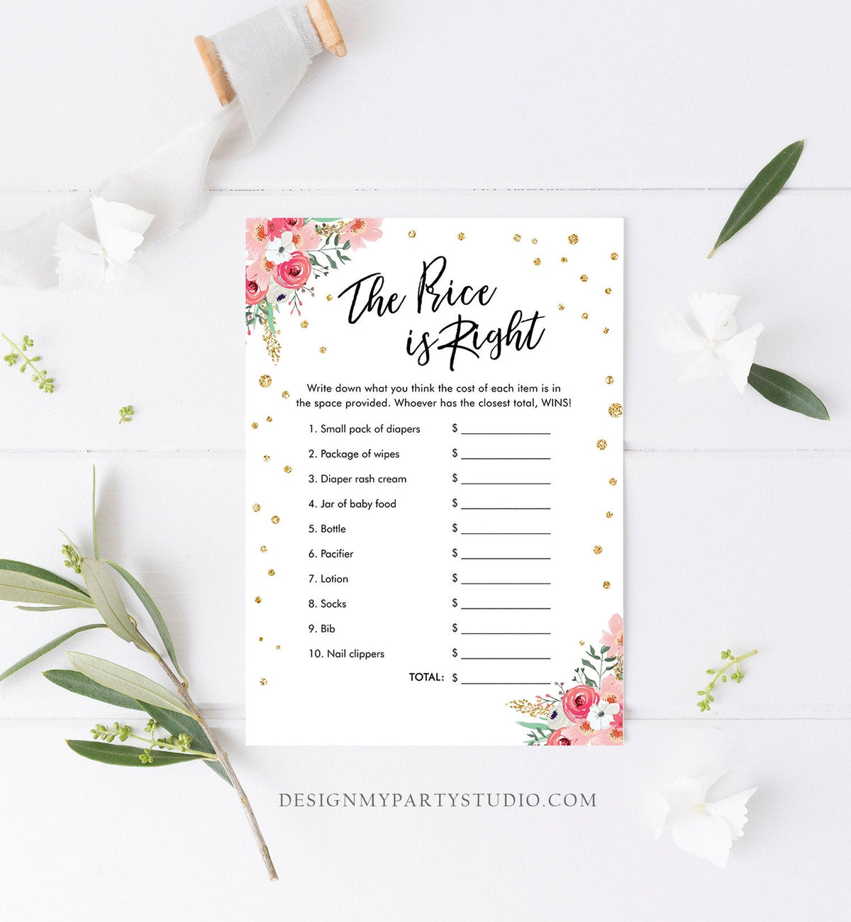 Editable The Price is Right Baby Shower Game Travel Adventure Begins Pink Floral Gold Confetti Shower Activity Corjl Template Printable 0030