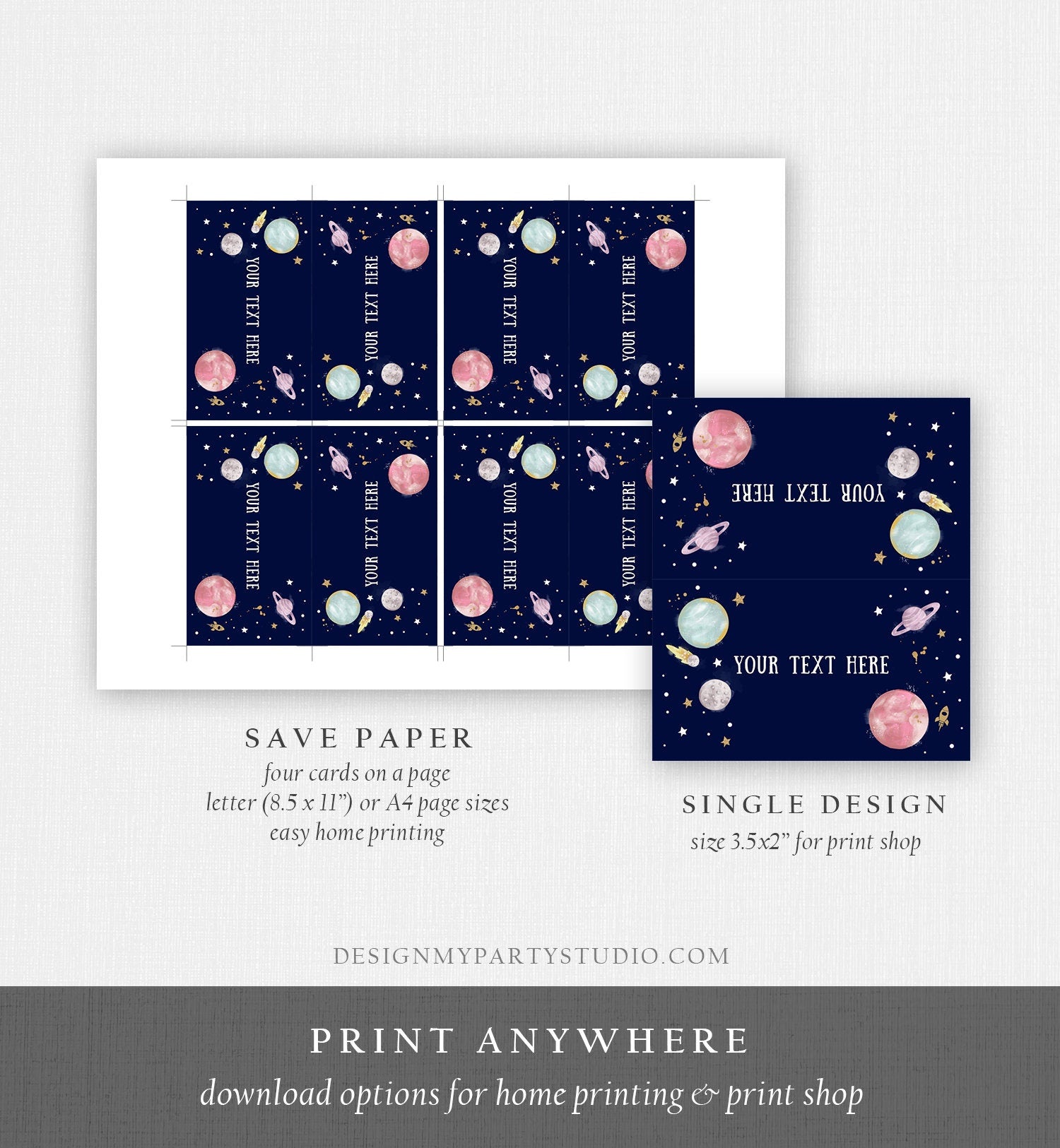 Editable Food Labels Outer Space Birthday Galaxy Food Labels Place Card Tent Card Escort Card Pink Girl Around the Sun Template Corjl 0357