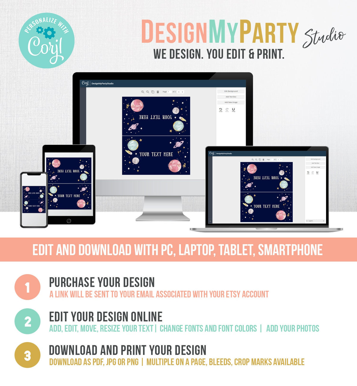 Editable Food Labels Outer Space Birthday Galaxy Food Labels Place Card Tent Card Escort Card Pink Girl Around the Sun Template Corjl 0357