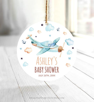 Editable Airplane Thank You Favor Tags Baby Shower Vintage Travel Adventure Blue Stickers Neutral Download Corjl Template Printable 0185