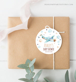 Editable Airplane Thank You Favor Tags Baby Shower Vintage Travel Adventure Blue Stickers Neutral Download Corjl Template Printable 0185
