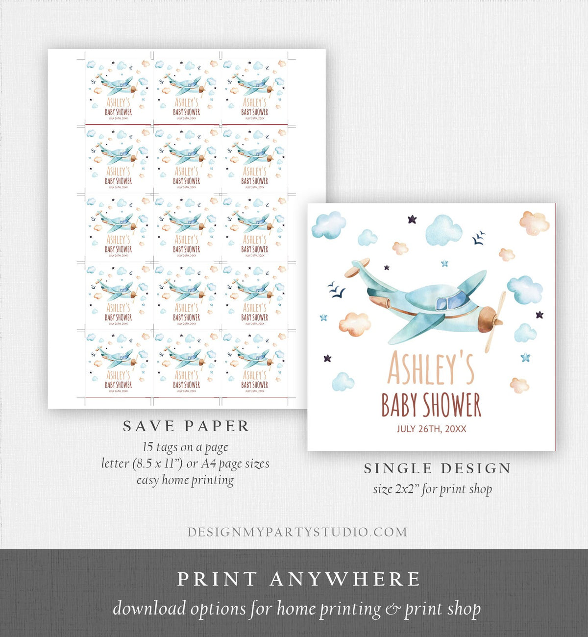 Editable Airplane Thank You Favor Tags Baby Shower Vintage Travel Adventure Blue Stickers Neutral Download Corjl Template Printable 0185