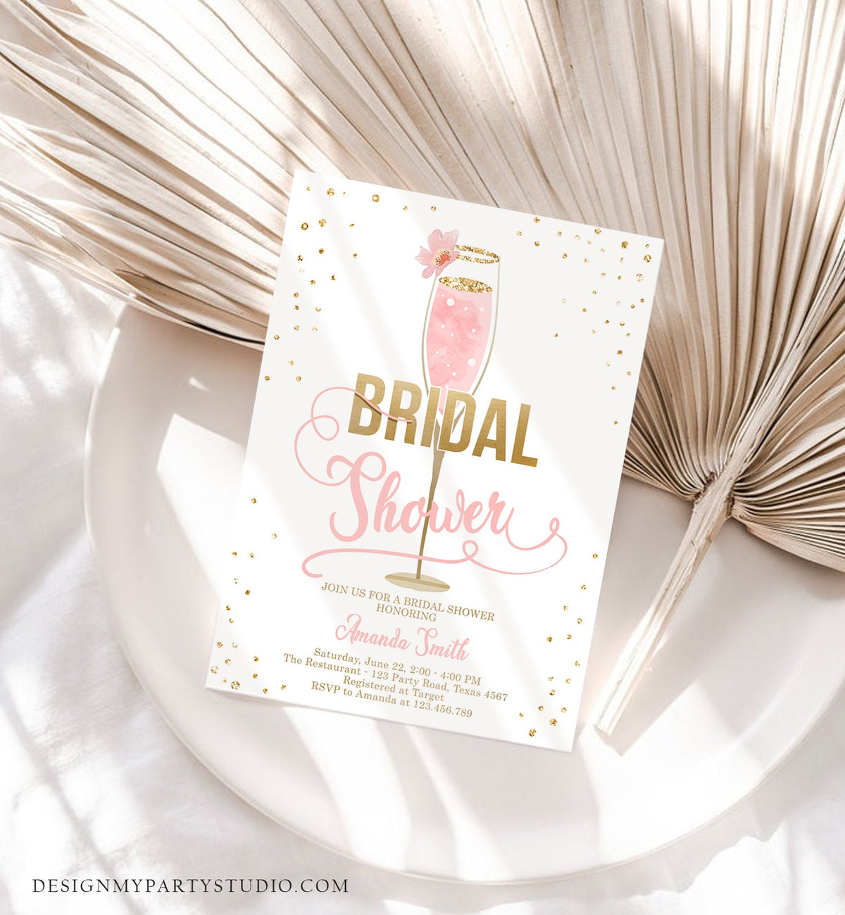 Editable Brunch and Bubbly Bridal Shower Invitation Floral Champagne Gold Pink Wedding Download Printable Template Digital Corjl 0150