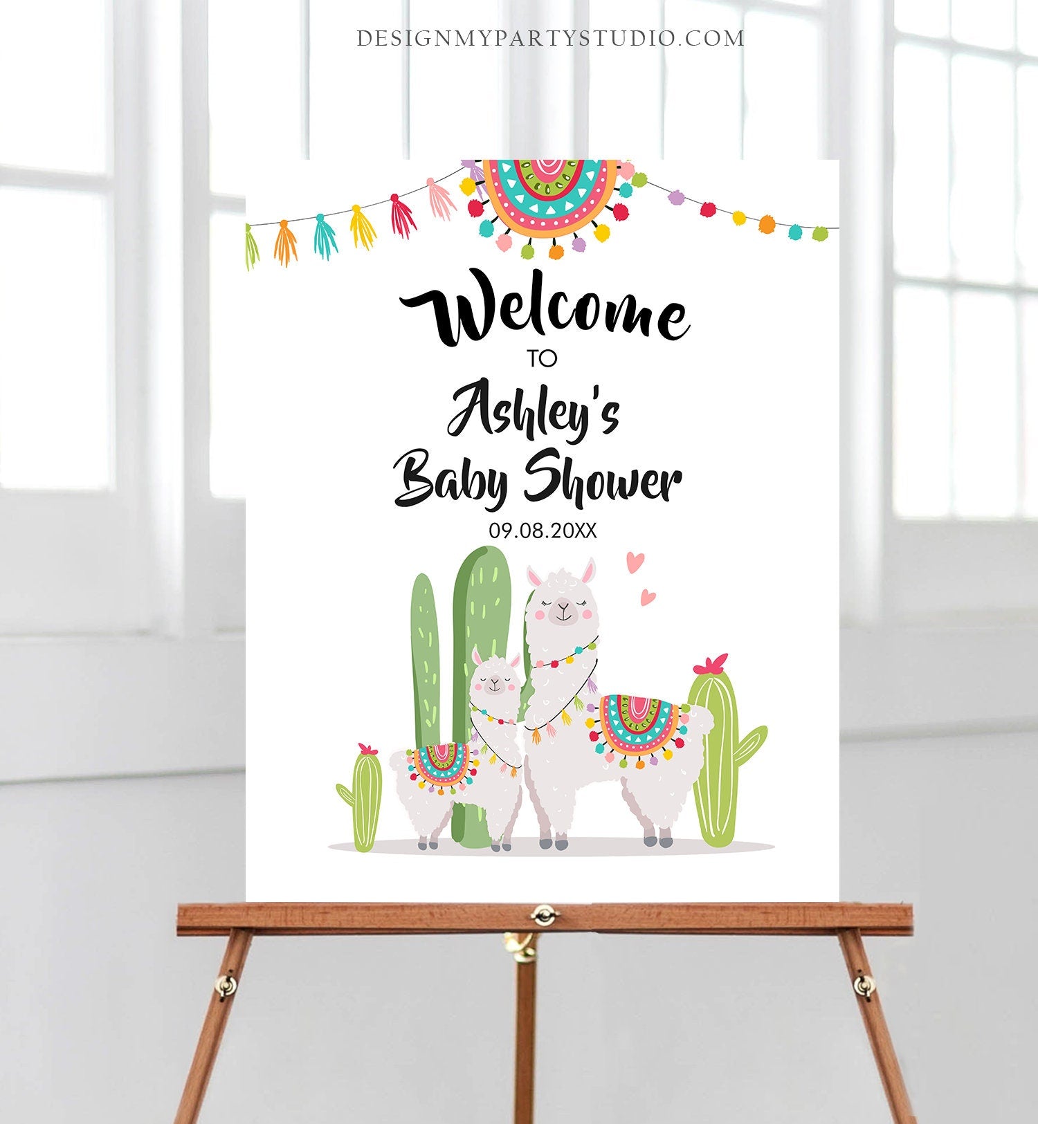 Editable Llama Welcome Sign Llama Baby Shower Welcome Baby Sprinkle Cactus Theme Fiesta Mexican Succulent Neutral Corjl Template 0079