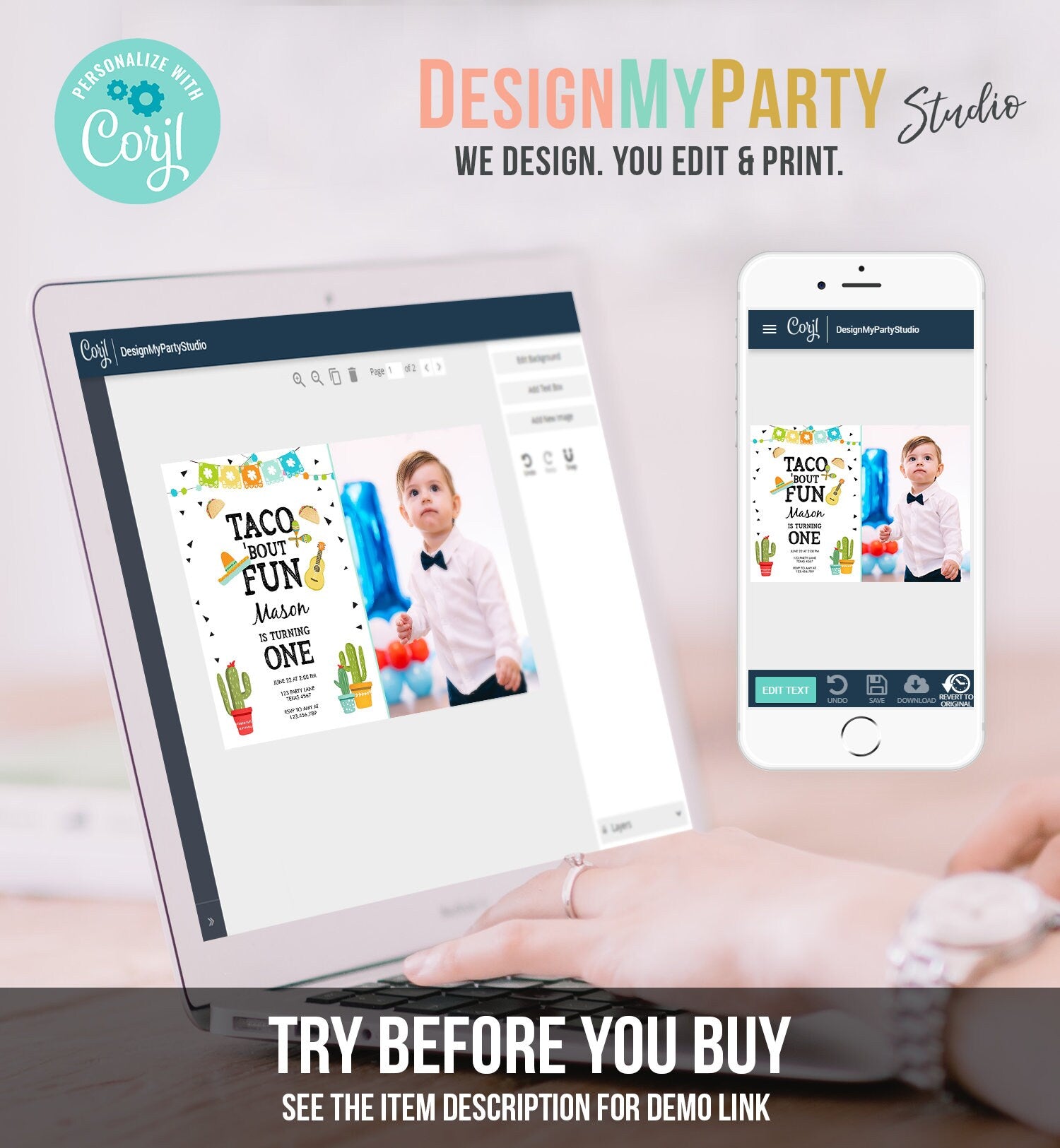 Editable Taco Bout Fun Birthday Invitation Boy First Fiesta Mexican Cactus Sombrero Blue Digital Download Evite Template Printable 0161