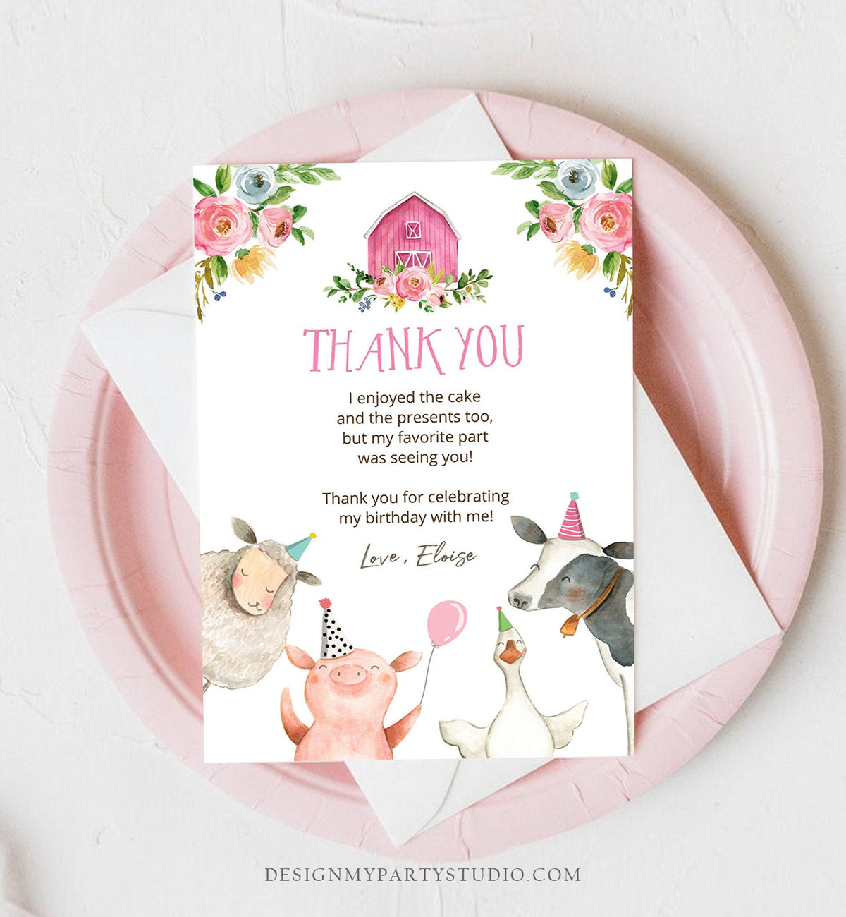 Editable Farm Animals Thank You Card Note Pink Gingham Girl Barnyard Party Party Animals Digital Download Template Printable 0155