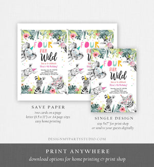 Editable Four Ever Wild Invitation Girl Pink and Gold Safari Animals Zoo Instant 4th Fourever Download Printable Template Digital Corjl 0322