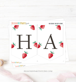 Happy Birthday Banner Strawberry Birthday Banner Girl Strawberries Decorations Berry Sweet 1st Instant download PRINTABLE DIGITAL DIY 0399