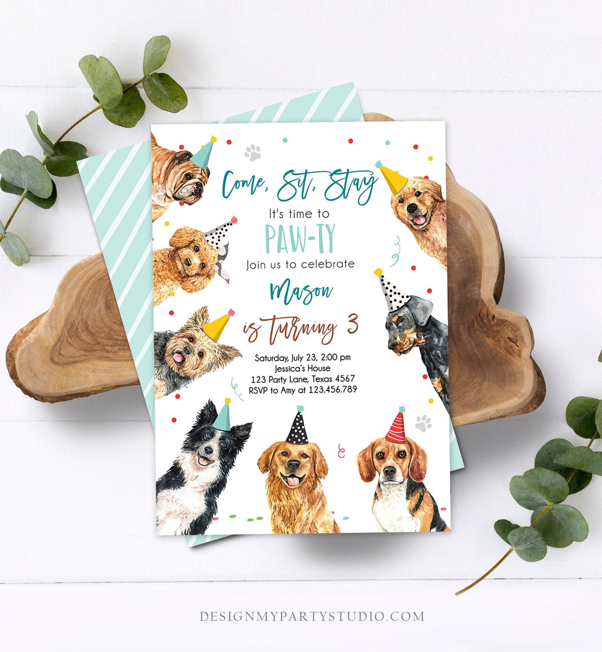 Editable Dog Birthday Party Invitation Puppy Birthday Invite Boys Blue Doggy Shelter Animal Pet Vet Download Printable Template Corjl 0384