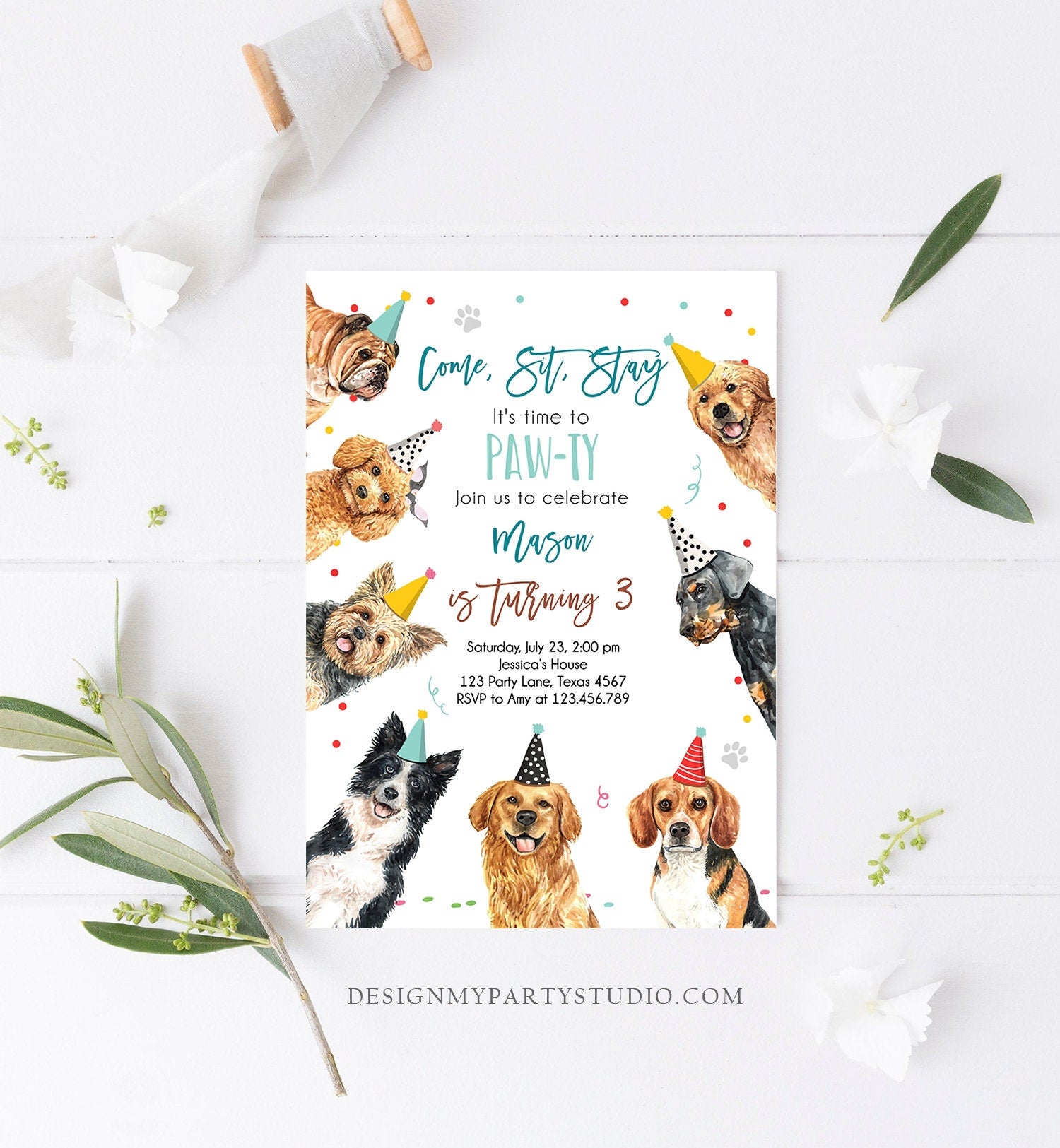 Editable Dog Birthday Party Invitation Puppy Birthday Invite Boys Blue Doggy Shelter Animal Pet Vet Download Printable Template Corjl 0384