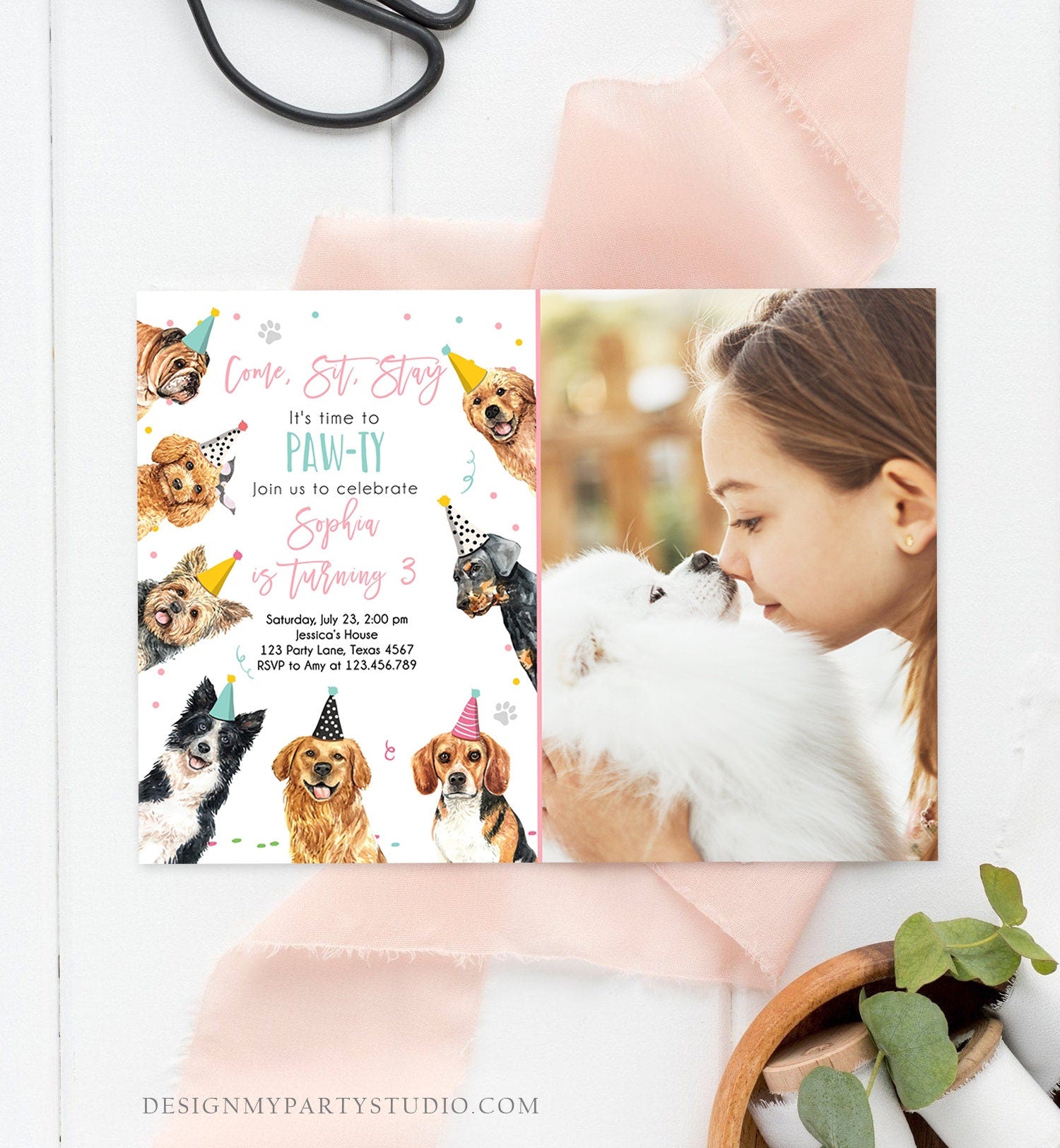 Editable Dog Birthday Party Invitation Puppy Birthday Invite Pink Girl Doggy Shelter Animal Pet Vet Digital Download Template Printable 0384