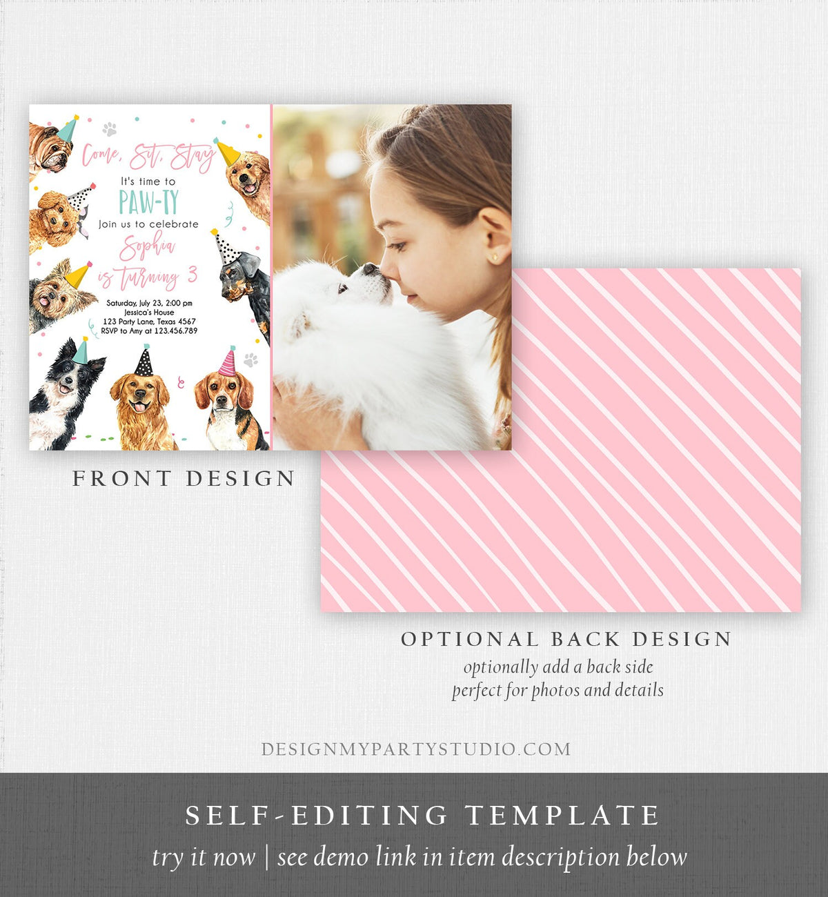 Editable Dog Birthday Party Invitation Puppy Birthday Invite Pink Girl Doggy Shelter Animal Pet Vet Digital Download Template Printable 0384