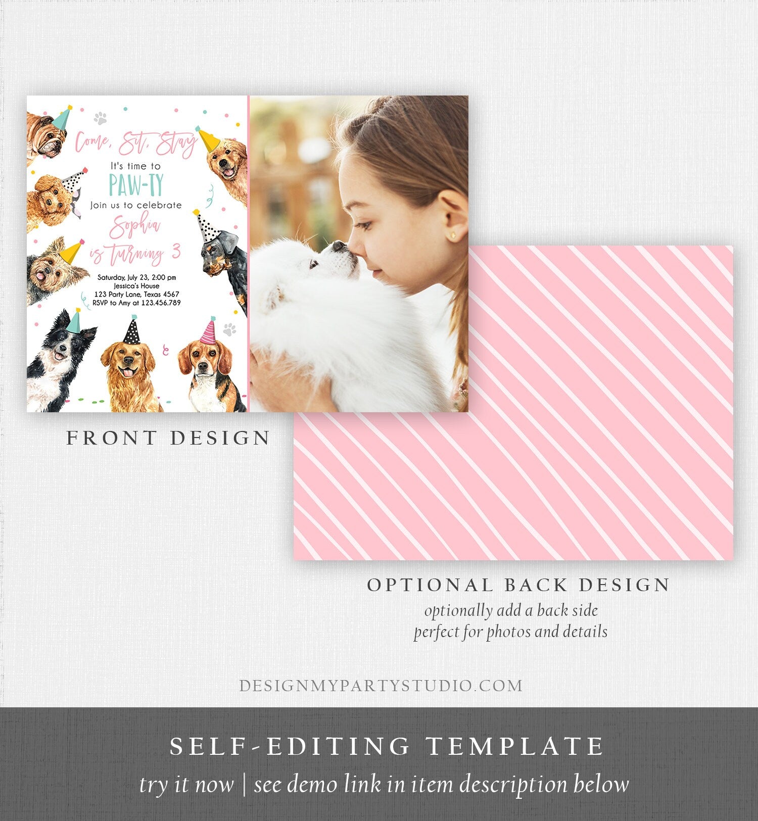 Editable Dog Birthday Party Invitation Puppy Birthday Invite Pink Girl Doggy Shelter Animal Pet Vet Digital Download Template Printable 0384