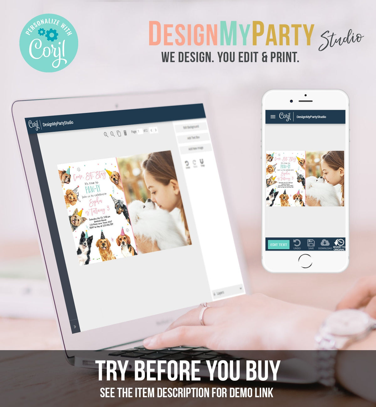 Editable Dog Birthday Party Invitation Puppy Birthday Invite Pink Girl Doggy Shelter Animal Pet Vet Digital Download Template Printable 0384