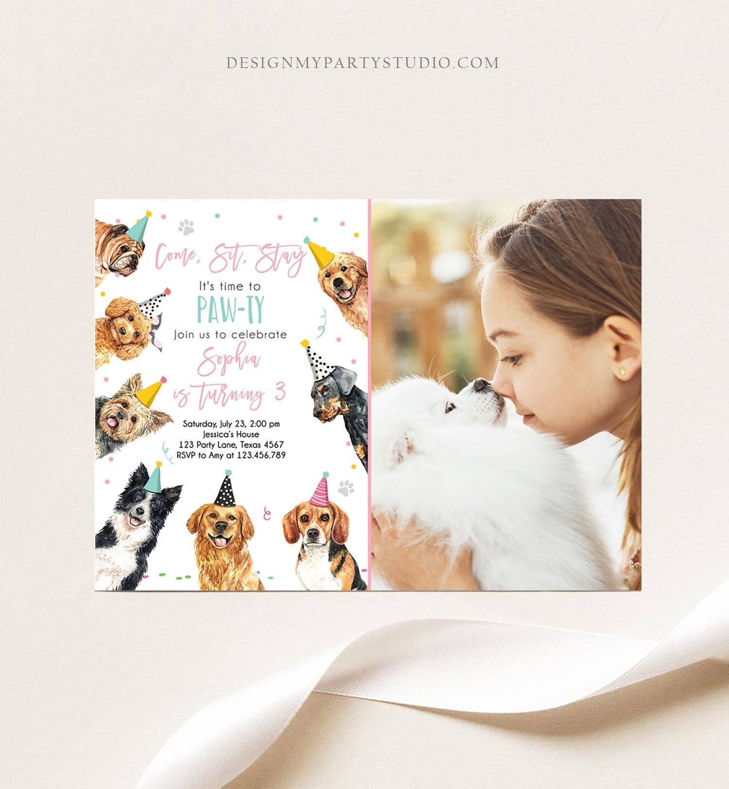 Editable Dog Birthday Party Invitation Puppy Birthday Invite Pink Girl Doggy Shelter Animal Pet Vet Digital Download Template Printable 0384