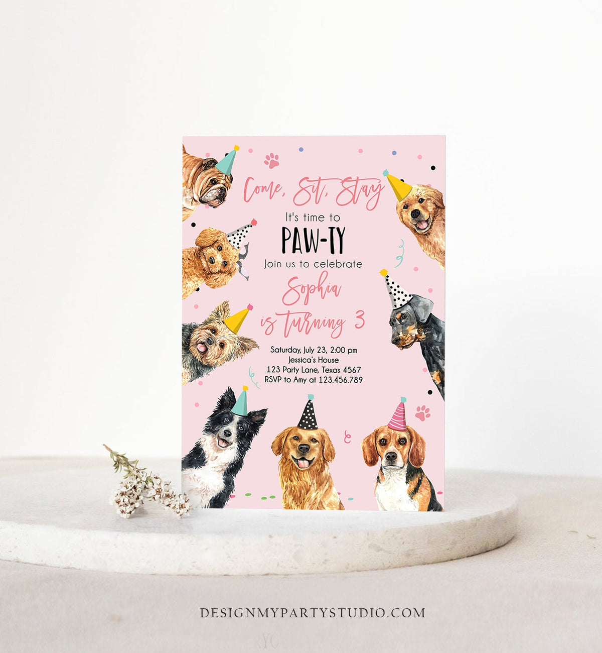 Editable Dog Birthday Party Invitation Puppy Birthday Pink Girl Doggy Shelter Animal Pet Vet Digital Download Evite Template Printable 0384