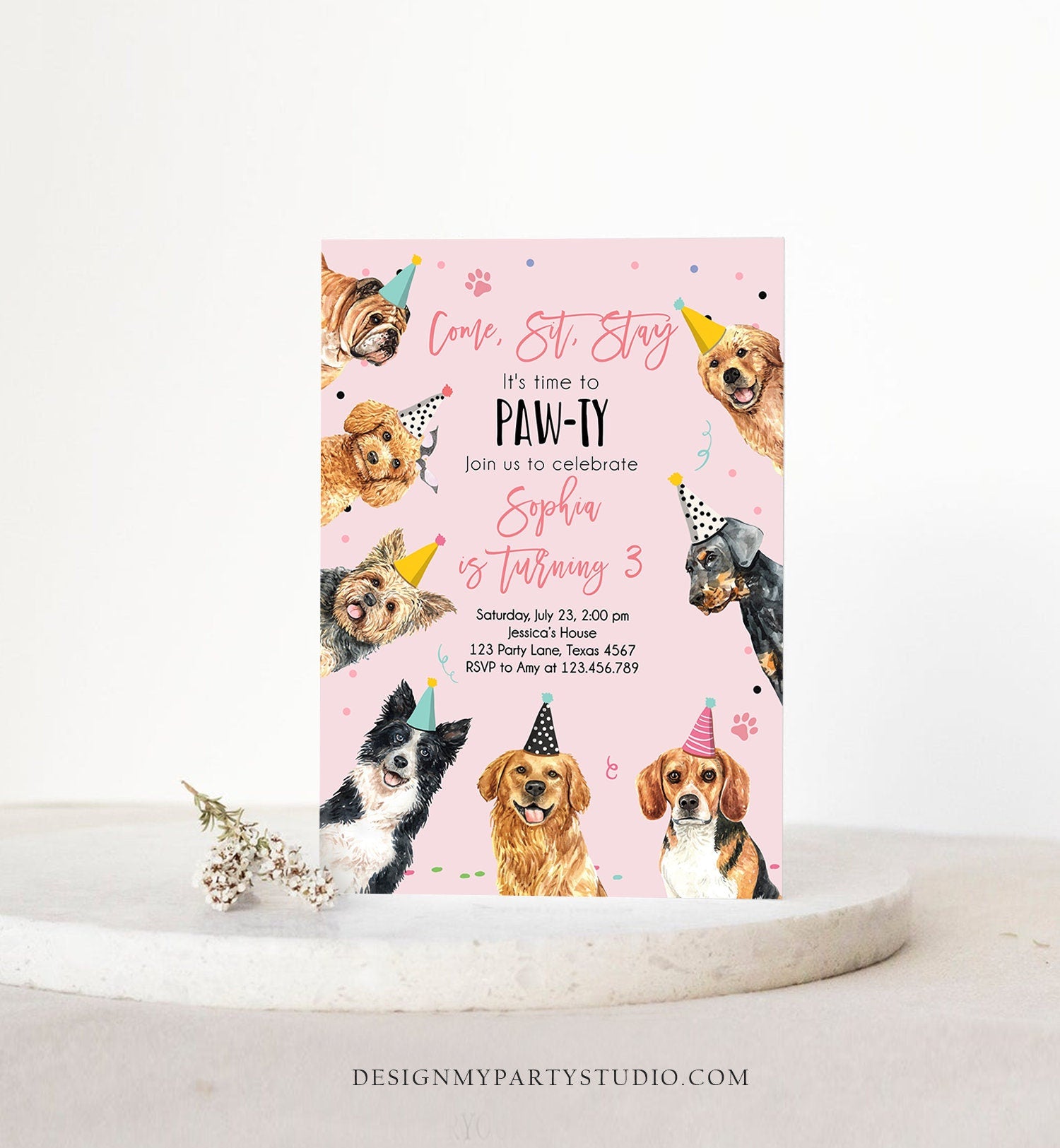 Editable Dog Birthday Party Invitation Puppy Birthday Pink Girl Doggy Shelter Animal Pet Vet Digital Download Evite Template Printable 0384