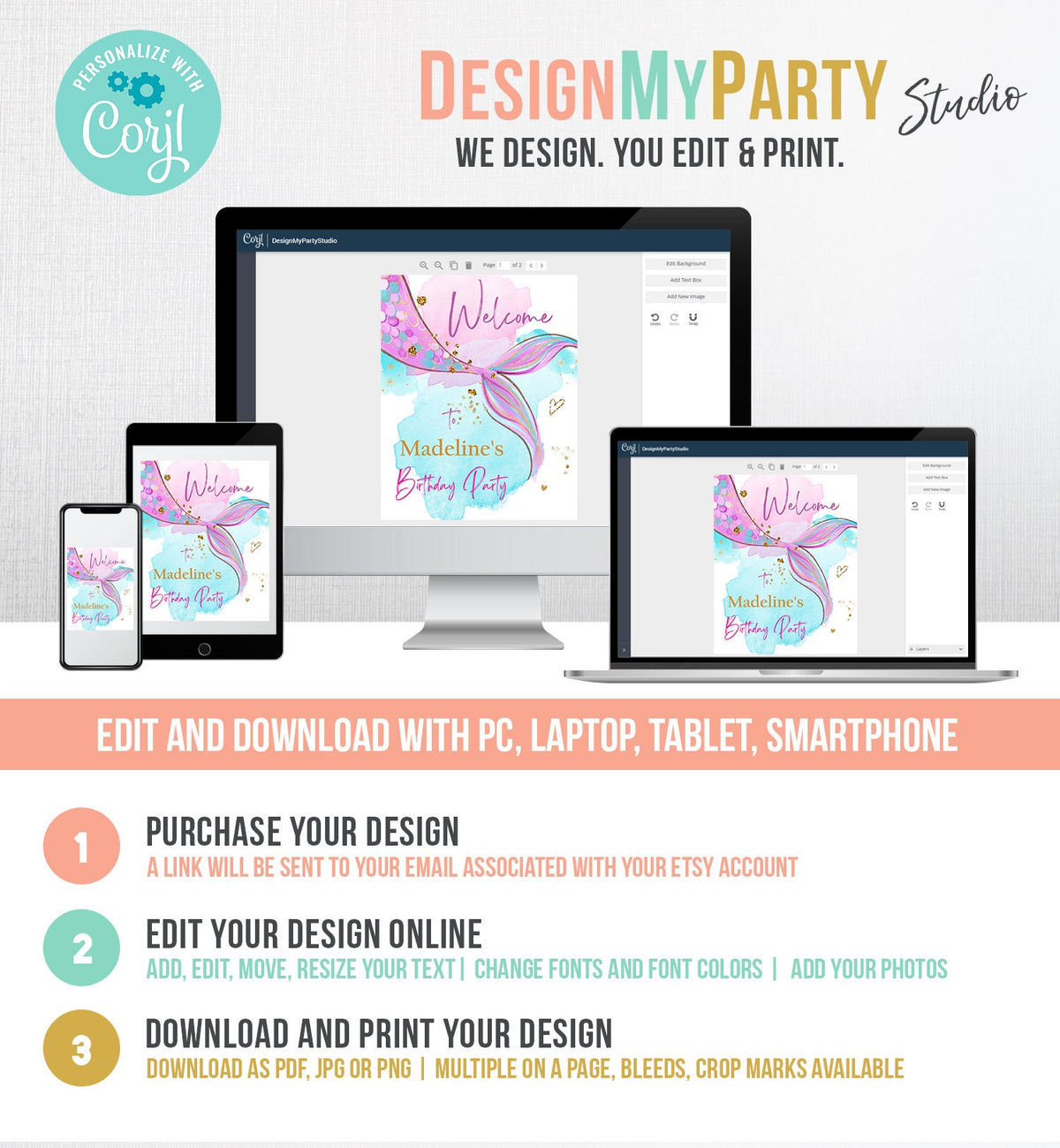 Editable Mermaid Welcome Sign Mermaid Birthday Sign Girl Mermaid Tail Birthday Decor Welcome Under The Sea Digital Template Printable 0403