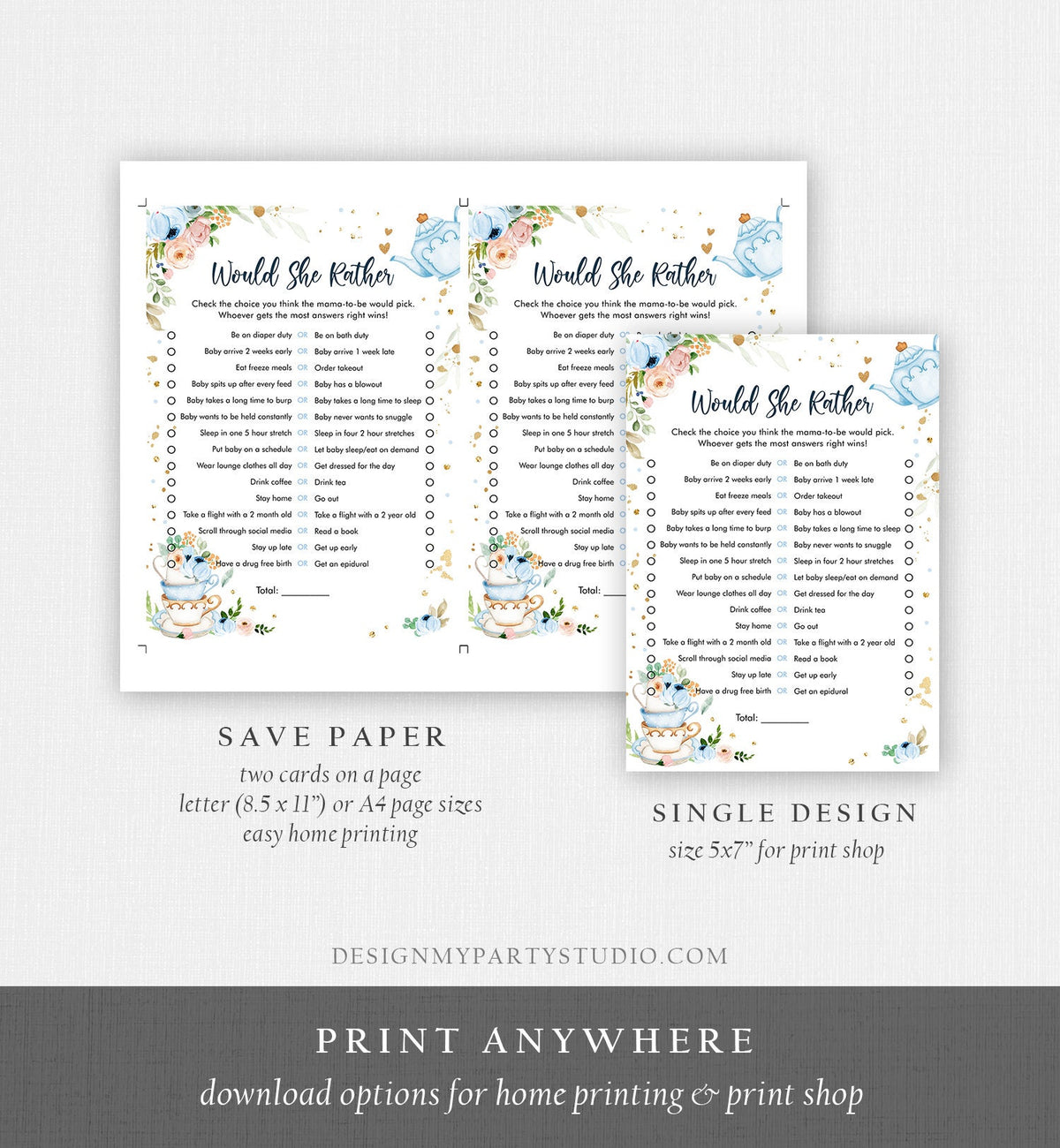 Editable Would She Rather Baby Shower Game Greenery Tea Party Baby is Brewing Blue Rustic Watercolor Guess Digital Template Printable 0349