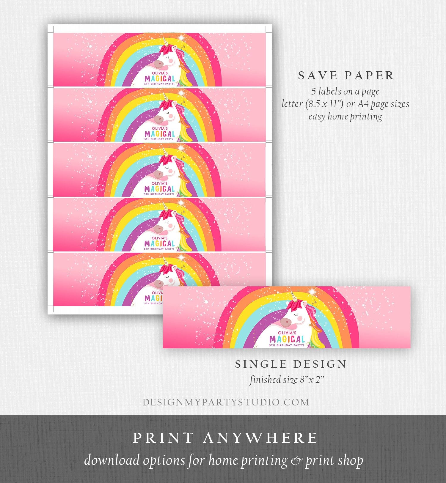 Editable Unicorn Water Bottle Labels Unicorn Birthday Girl Magical Unicorn Party Decor Rainbow Bottle Digital Template Printable 0323