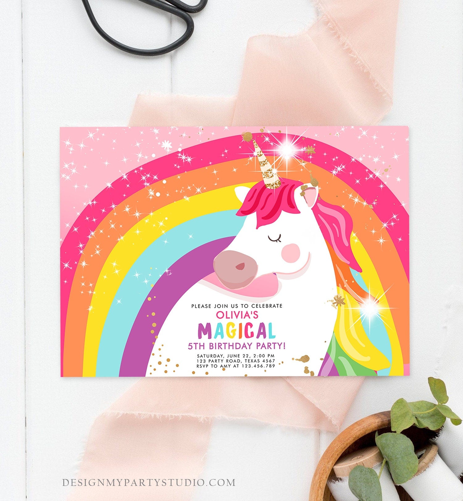Editable Unicorn Birthday Invitation Magical Unicorn Party Girl Pink Gold Unicorn Invite Rainbow Printable Corjl Template Digital 0323