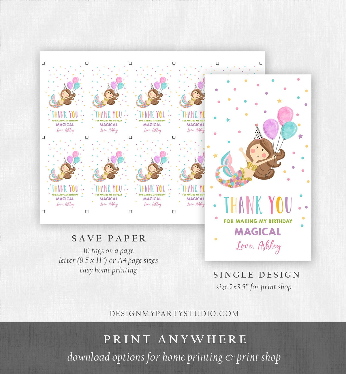 Editable Mermaid Favor Tag Birthday Party Favors Under the Sea Thank You Gift Tags Pink Girl Gold Balloons Digital Template Printable 0338
