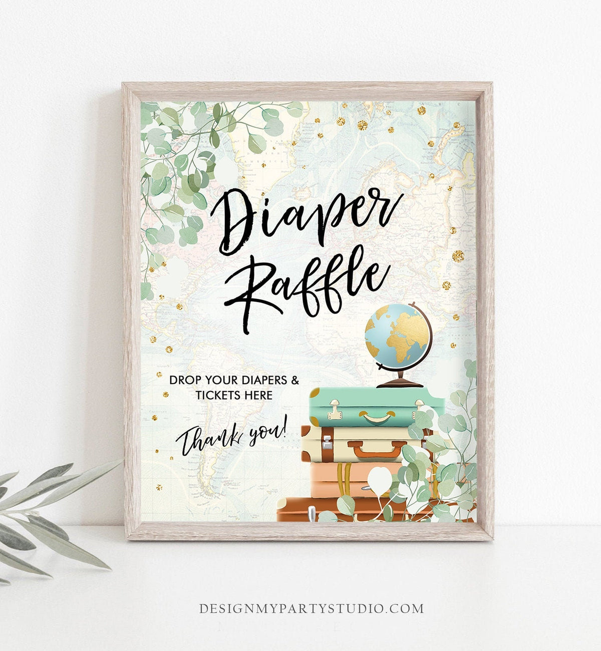 Diaper Raffle Ticket Sign Baby Shower Eucalyptus Greenery Sprinkle First Library Travel Adventure Gold Confetti Download Printable 0030