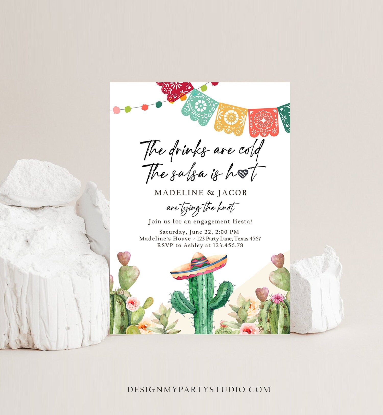 Editable Fiesta Engagement Invitation Couples Shower Bridal Mexican Cactus Succulent Desert Floral Printable Invitation Template Corjl 0404