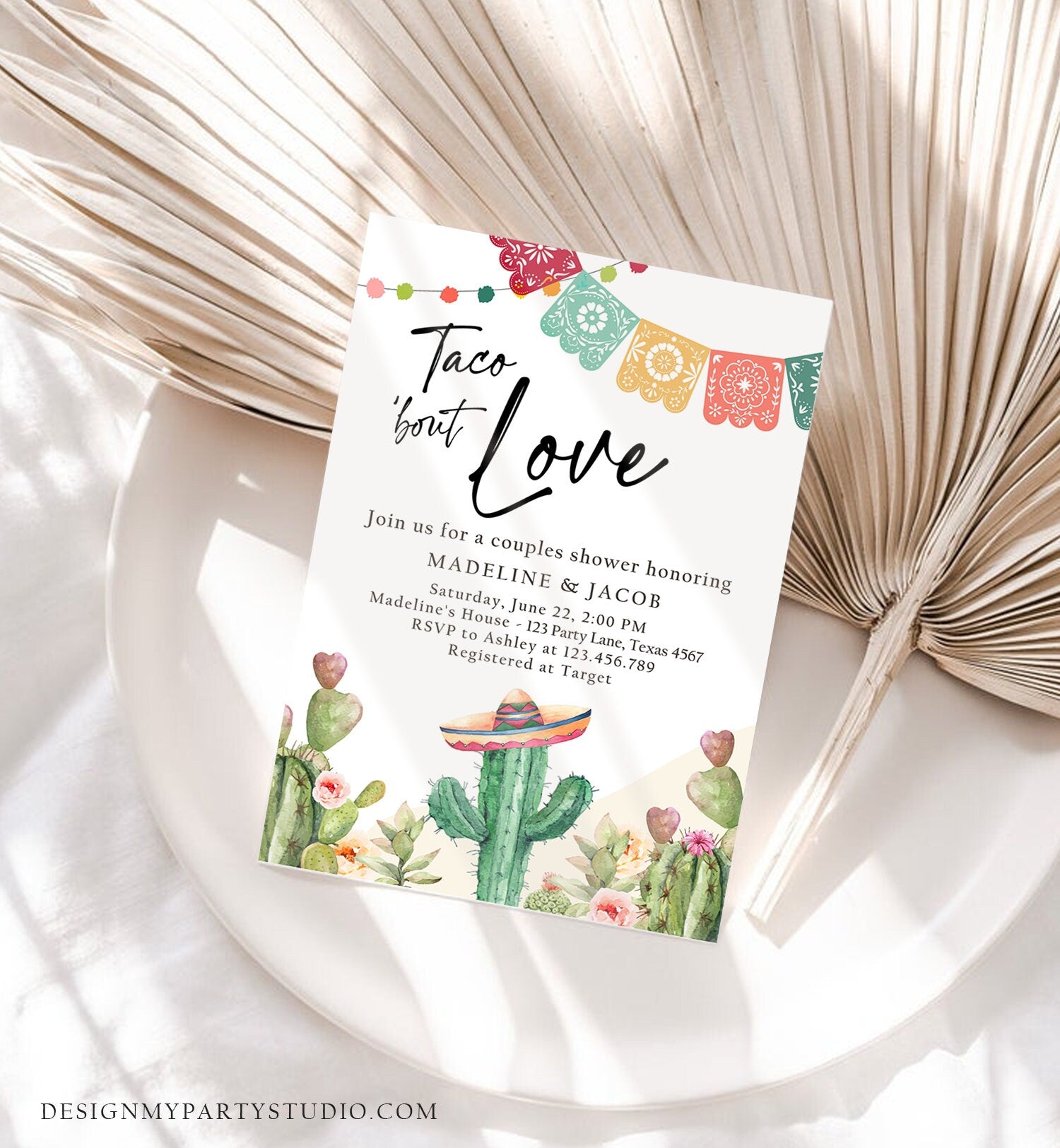 Editable Taco Bout Love Couples Shower Invitation Fiesta Cactus Succulent Mexican Desert Digital Download Corjl Template Printable 0404