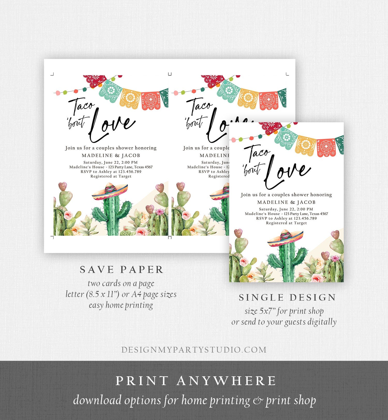Editable Taco Bout Love Couples Shower Invitation Fiesta Cactus Succulent Mexican Desert Digital Download Evite Template Printable 0404