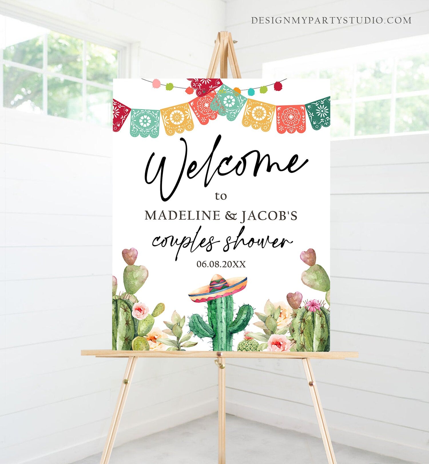 Editable Fiesta Cactus Welcome Sign Couples Shower Welcome Desert Mexican Succulent Taco Bout Love Succulent Corjl Template Printable 0404