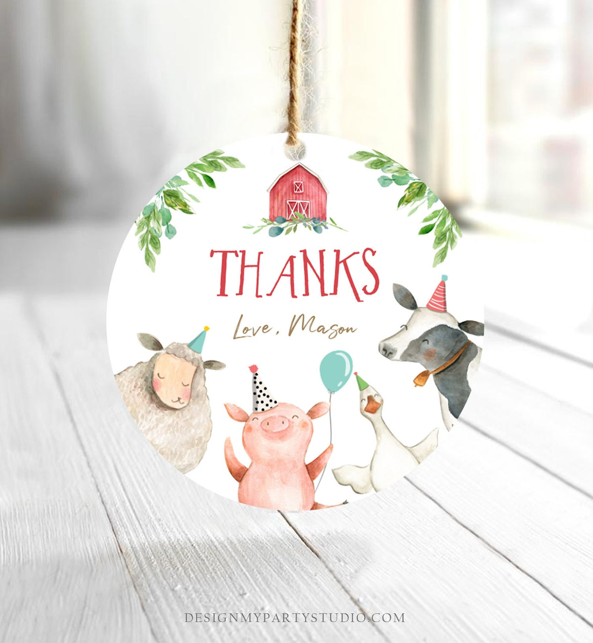 Editable Farm Animals Thank You Tags Boy Birthday Red Barn Barnyard Stickers Farm Birthday Decor Favor Tags Cow Pig Template Corjl 0155
