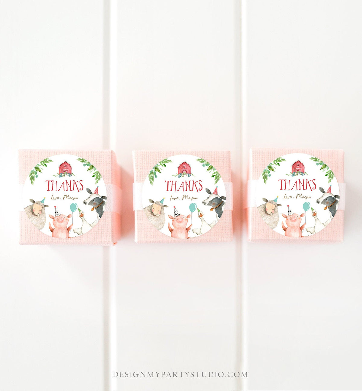Editable Farm Animals Thank You Tags Boy Birthday Red Barn Barnyard Stickers Farm Birthday Decor Favor Tags Cow Pig Template Corjl 0155