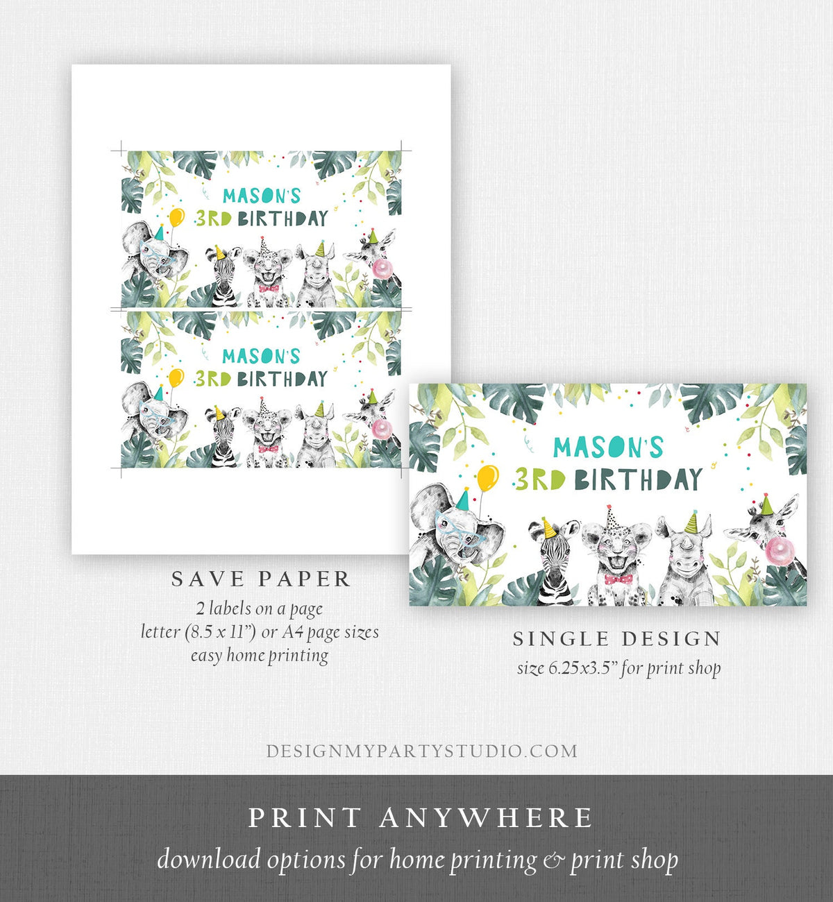 Editable Party Animals Gable Box Safari Animals Birthday Gift Box Labels Wild Animals Boy Wild One Digital Download Template Printable 0322