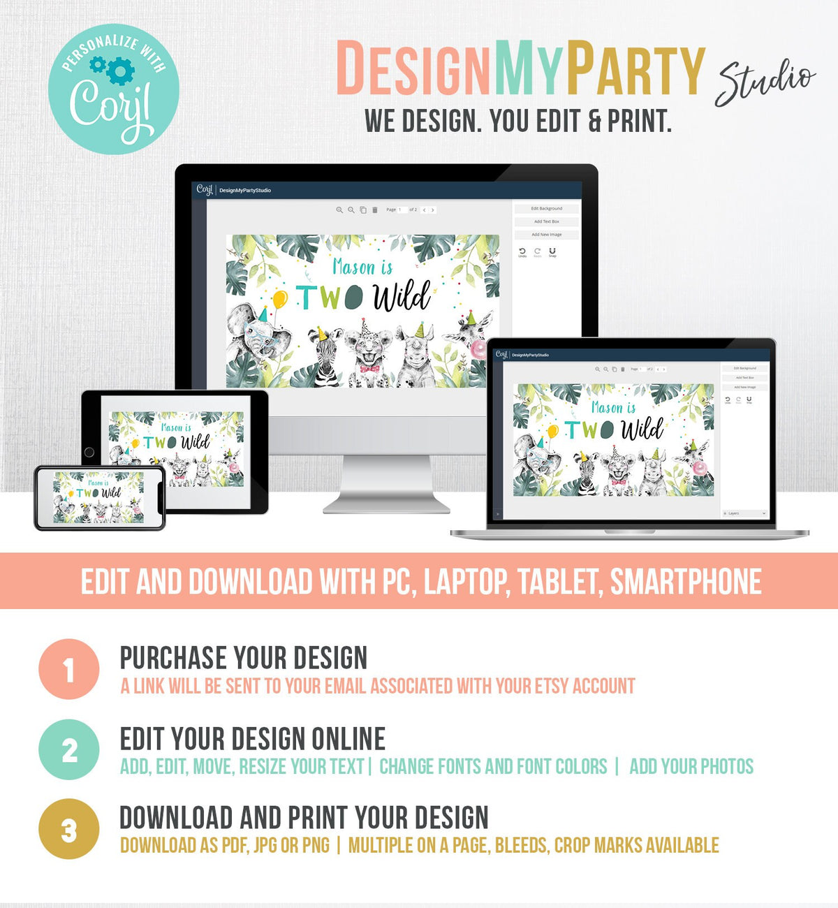 Editable Party Animals Gable Box Safari Animals 2nd Birthday Gift Box Labels Watercolor Two Wild Boy Download Printable Digital Corjl 0322