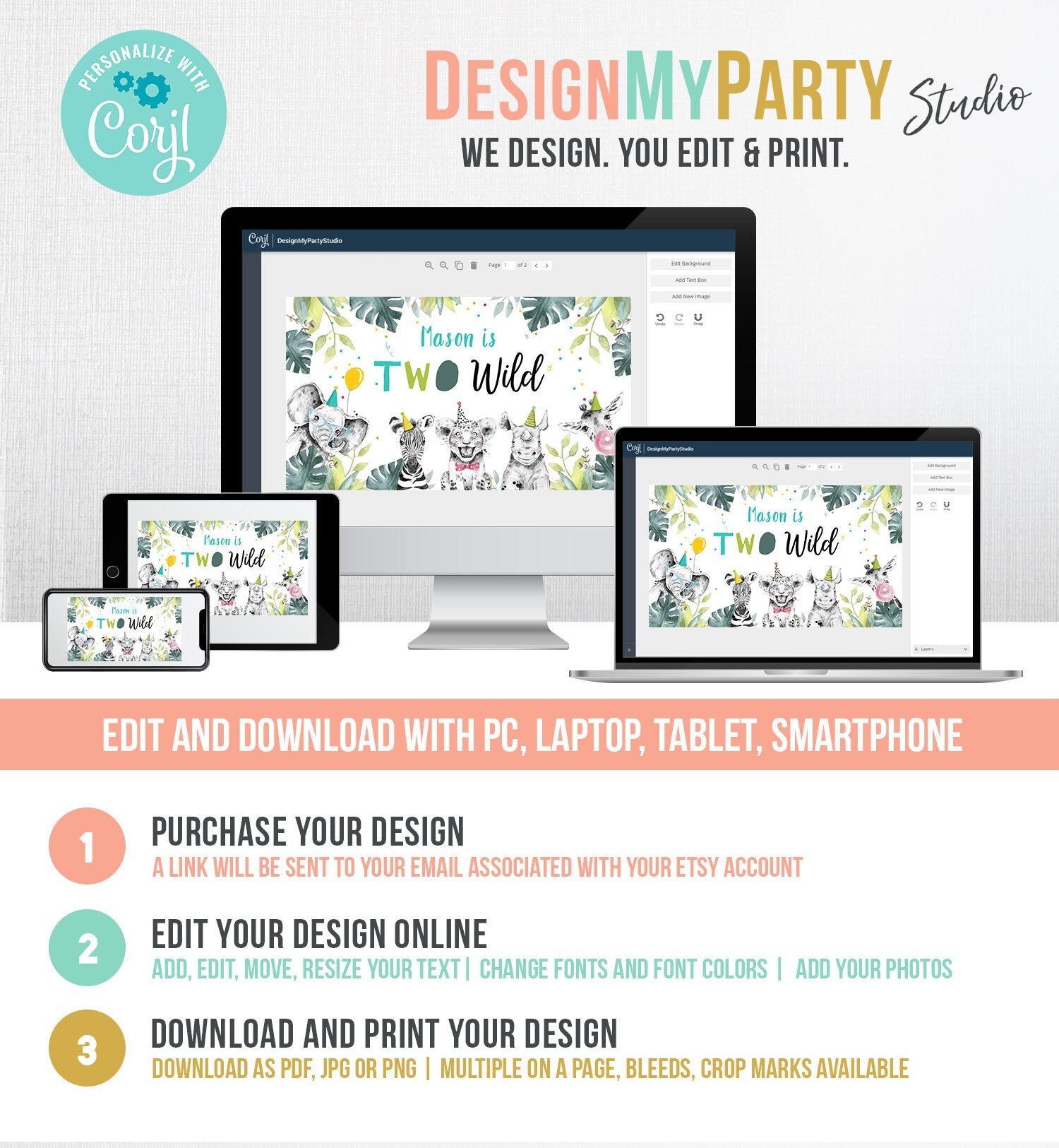 Editable Party Animals Gable Box Safari Animals 2nd Birthday Gift Box Labels Watercolor Two Wild Boy Download Printable Digital Corjl 0322