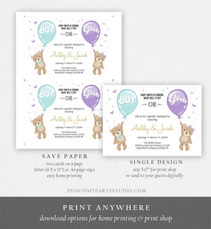 Editable Gender Reveal Invitation Teddy Bear Boy or Girl Blue Purple Violet Lavender He or She Bear Download Printable Template Corjl 0025