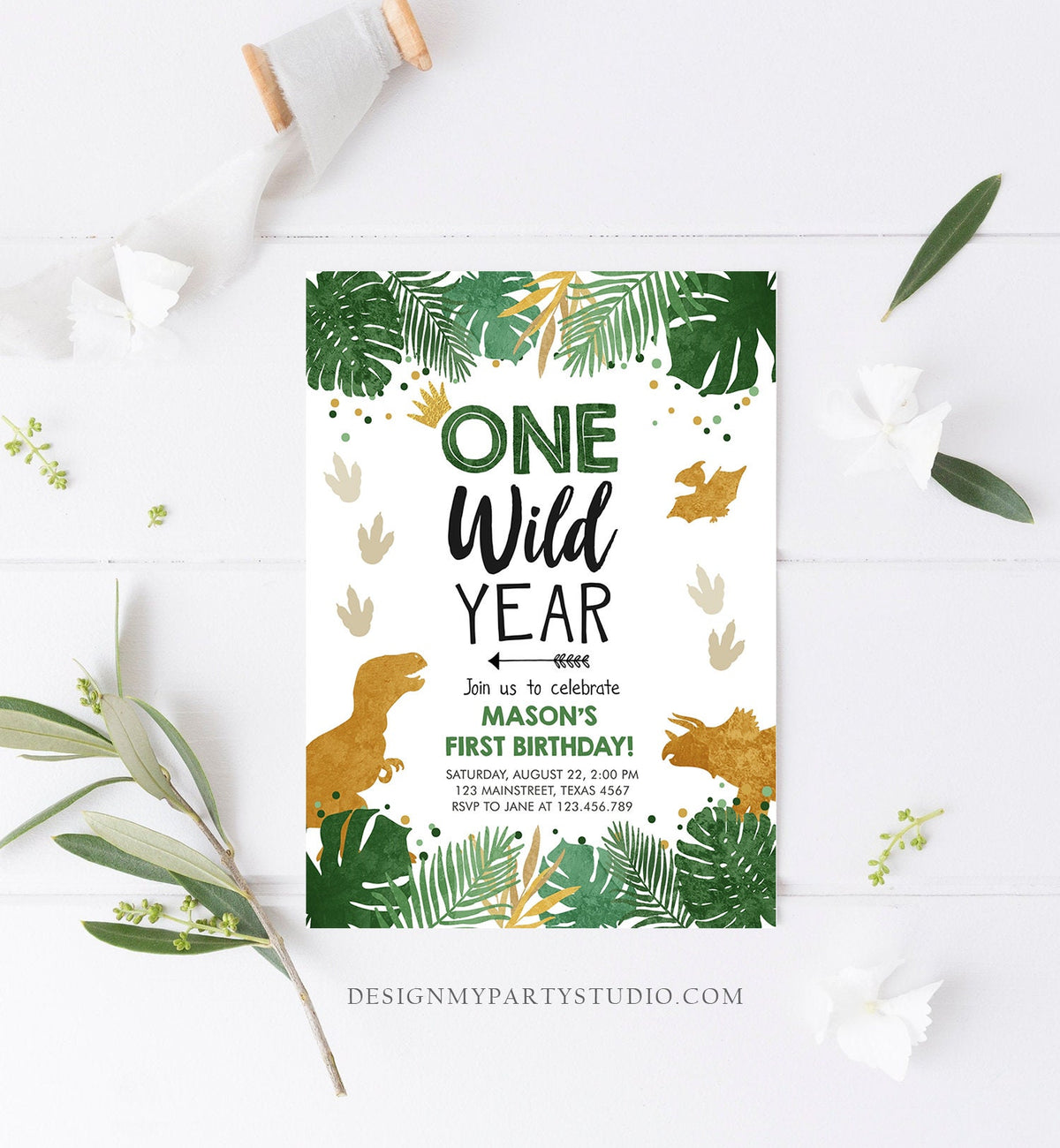 Editable One Wild Year Dinosaur Birthday Invitation T-Rex Dino Party Boy First Birthday Wild One Prehistoric Digital Template Printable 0146