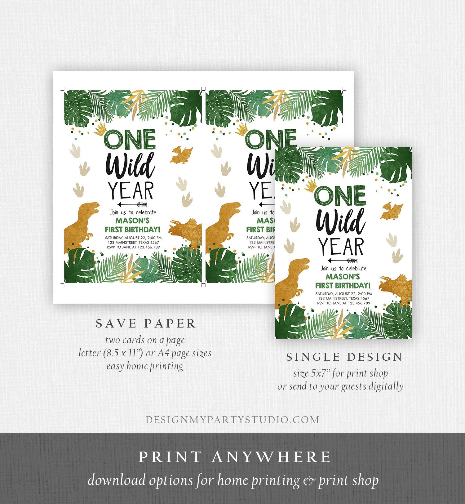 Editable One Wild Year Dinosaur Birthday Invitation T-Rex Dino Party Boy First Birthday Wild One Prehistoric Digital Template Printable 0146