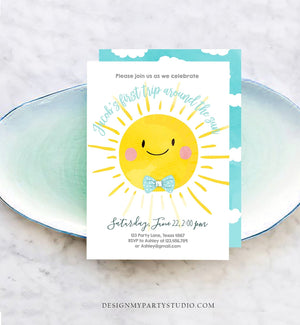 Editable First Tip Around the Sun Birthday Invitation Little Sunshine First Birthday 1st Party Boy Blue Summer Download Corjl Template 0141