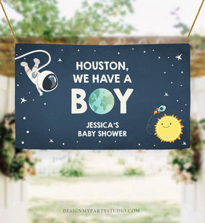 Editable Outer Space Backdrop Banner Astronaut Baby Shower Houston We have a Boy Galaxy Planets Download Corjl Template Printable 0046