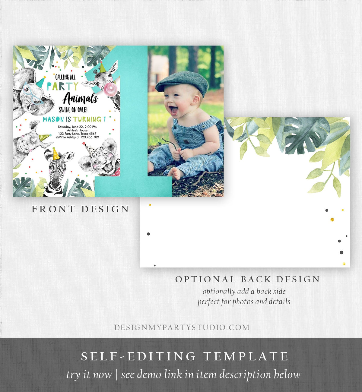 Editable Party Animals First Birthday Invitation Boy Safari Animals Wild One Calling all Animals Zoo Download Corjl Template Printable 0322