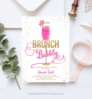 Editable Brunch and Bubbly Bridal Shower Invitation Floral Champagne Gold Hot Pink Wedding Download Printable Template Digital Corjl 0150