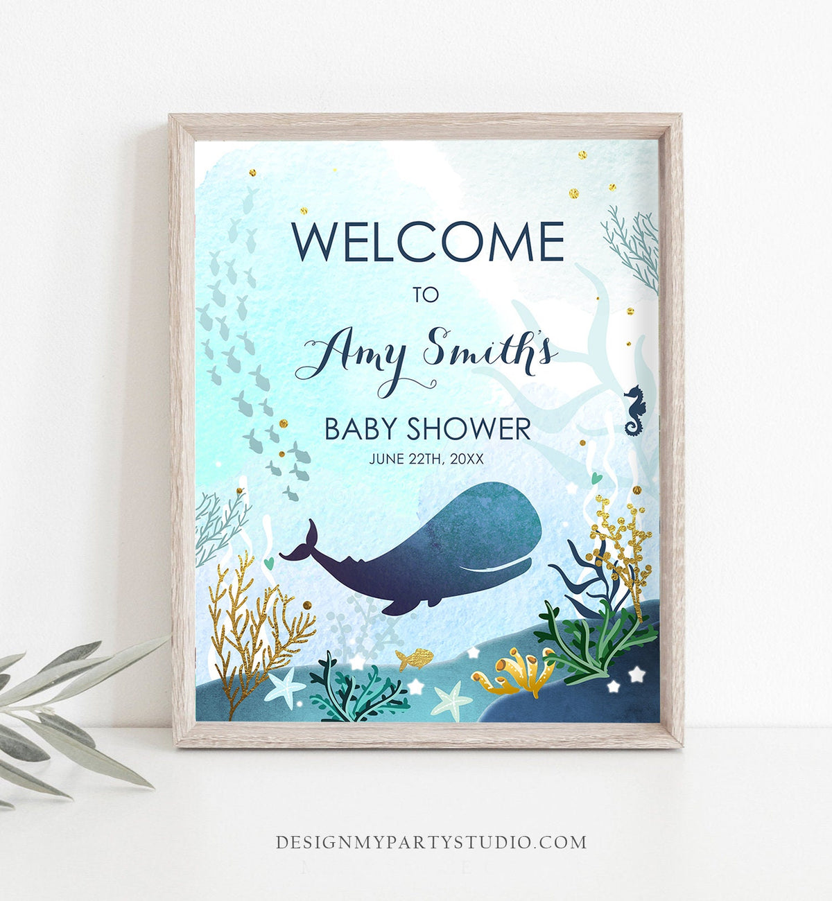 Editable Whale Welcome Sign Baby Shower Birthday Party Nautical Ocean It&#39;s a Boy Blue Whale Under the Sea Corjl Template Printable 0118