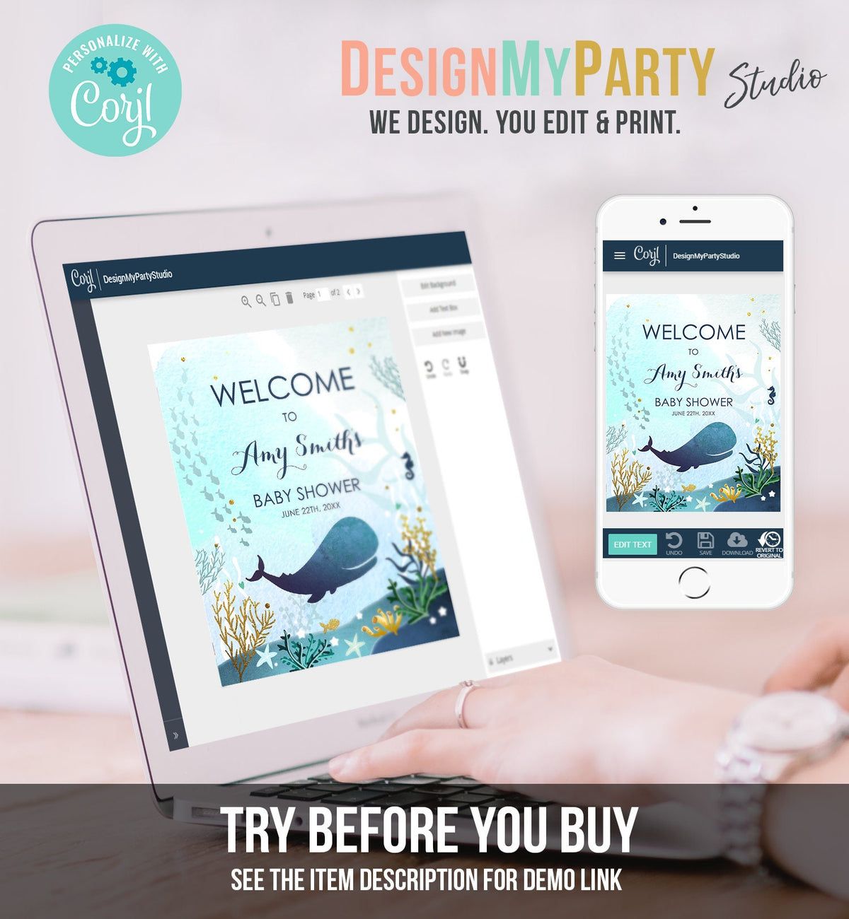 Editable Whale Welcome Sign Baby Shower Birthday Party Nautical Ocean It&#39;s a Boy Blue Whale Under the Sea Corjl Template Printable 0118